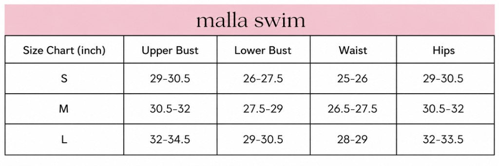Malla Swim size chart in inches